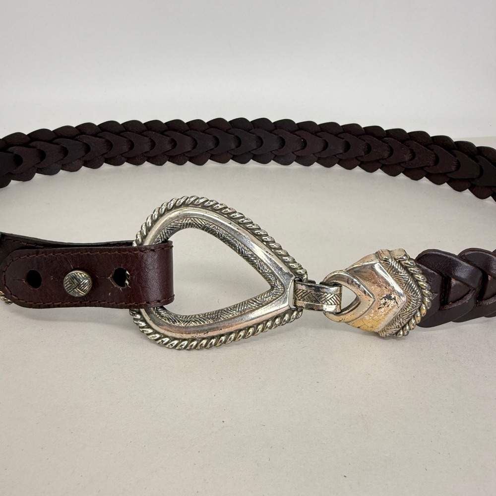 Brighton Vintage 90s Braided Leather Belt Brown Rope Teardrop Buckle